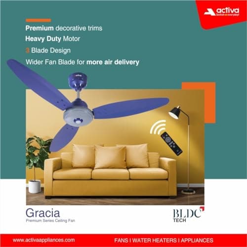 ACTIVA Gracia 1200mm BLDC Ceiling Fan with LED Light, 28W Energy Saving BEE 5 Star Rated Motor, 3 Wider Blades, Full Remote Control, Silent Operation come with 5 Year Warranty (Sparkle Blue) 6