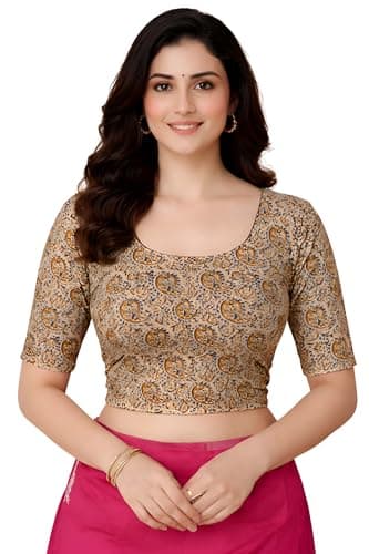 Amazon Brand - Anarva Women's Kalamkari Print Cotton Stretchable Round Neck Readymade Saree Blouse (Kalamkari-Blouse-keri-Beige-XL)