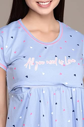 beebelle Women's Sky Blue Heart Print Maternity & Feeding Sleep Shirt Nightdress 1061 2