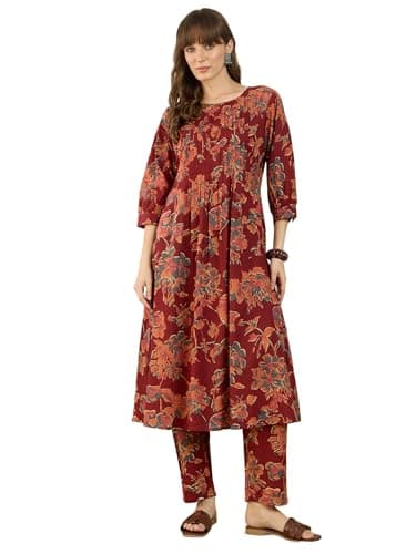 INDO ERA Women Maroon Pure Cotton Co-Ord Set | Kurta Pant Set for Casual Wear,IESTR12359M | Co Ord Set For Women Stylish |