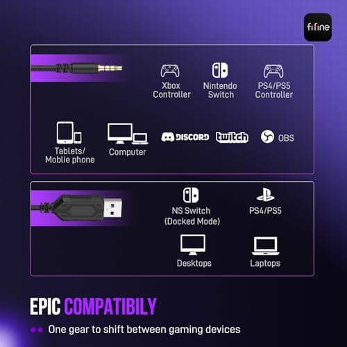 FIFINE Gaming Headset for PC, USB Streaming Headset with 3.5mm Headphones Jack, Detachable Microphone, 7.1 Surround Sound for PS4 PS5, Over-Ear Black Headphone-H9 4