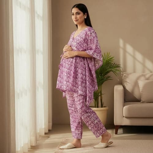 Aaheli Women’s Rayon Printed Maternity Co-ord Set | V-Neck Kaftan Top with Adjustable Waist & Easy Nursing Access | Soft Pregnancy Wear with Elastic Pants | Magenta, XXL 4