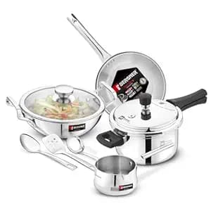 BERGNER Be Essentials Tripro Tri-Smart Induction Bottom 8 Pcs Gift Set - 3L Outer Lid Pressure Cooker, 22Cm Kadai, 22Cm Frypan With Glass Lid, 12Cm Coffee Warmer, Ladle, Serving Spoon, Turner, Silver