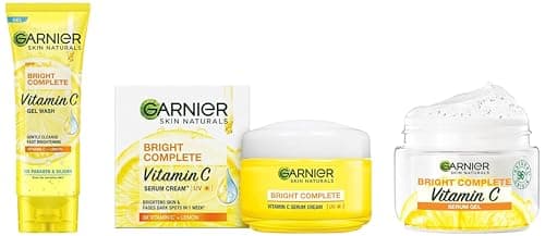 Garnier Vitamin C Face Wash [Brightening] (100g), Vitamin C Serum UV Cream [SPF Protection] (45g), Brightening Moisturiser [Serum Gel] (45g) | For Radiant Skin