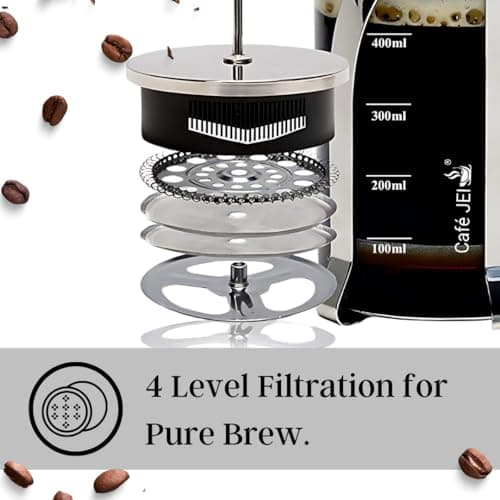 Cafe JEI French Press Coffee and Tea Maker 600ml with 4 Level Filtration System, Heat Resistant Borosilicate Glass, (Steel, 600ml) 3
