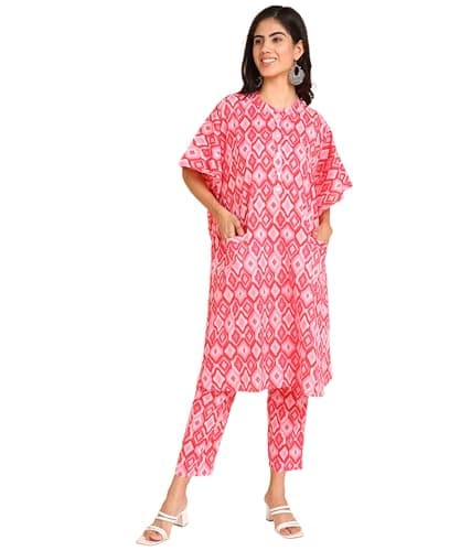 BLOCKS OF INDIA Coords Set in Pure Cotton Kaftan Style Hand Block Print Co Ord Set for Women (XXX-Large, KAFTAAN Pink)