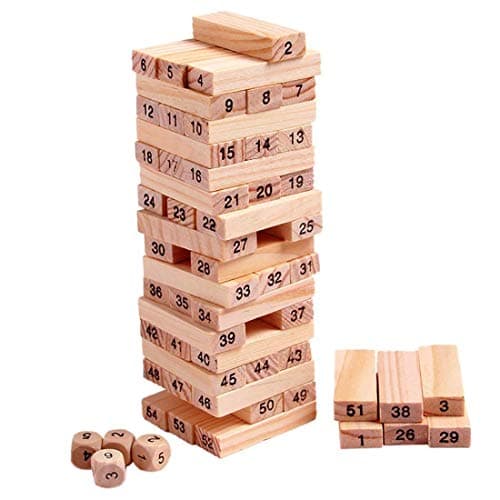 PRIME DEALS Wooden Blocks 51 Pcs 4 Dice Building Blocks Game Challenging Tumbling Tower, Wooden Stacking Toys with Dices Board Educational Puzzle Game for Adults and Kids (Wooden)
