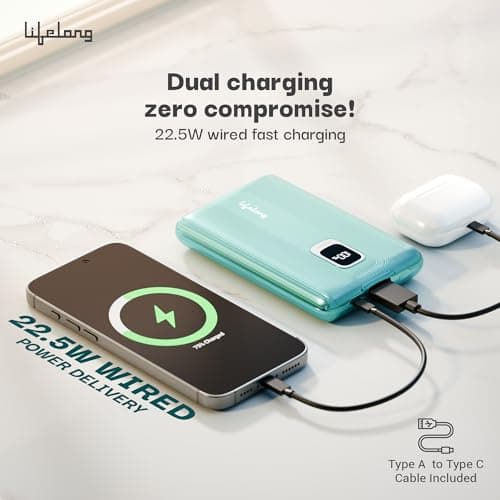Lifelong Electronics 10000mAh Fast Charging Power Bank with Digital Display | Type C Input | 2 Output Ports | Quick Charge 3.0 | 22.5 W PD Powerbank | Cable Included (Teal Green) 5