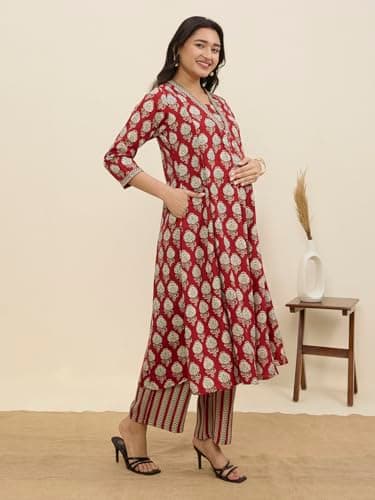 MomToBe Maternity Kurta Set for Women | Cotton Pregnancy & Feeding Friendly Kurti Set | Comfortable Indian Ethnic Wear (Carmine Red : Large) 2