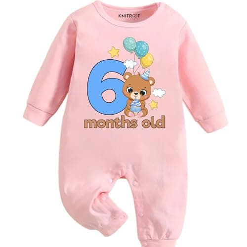 KNITROOT 6 Month Old Baby Jumpsuit | Monthly Birthday Milestone Romper | Cotton Unisex Long Sleeve Onesie with Snap Buttons | Animal Mix Collection 1 | 6-12 Months