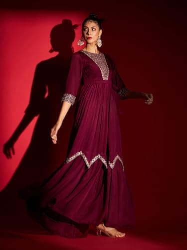 madhuram textiles Women's Chinon Chiffon Traditional Ethnic Long Western Dress With Embroidery Work Long Kurta(M-2361 Wine Blue_2XL), Maroon, Casual Dress 4