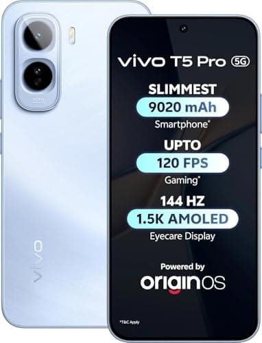 vivo T5 Pro 5G (Glacier Blue, 8GB RAM, 256GB Storage) | Snapdragon 7s Gen 4 Processor | 50MP AI Dual Camera | 6.83" AMOLED 144Hz Display | 9020mAh Battery with 90W Fast Charging