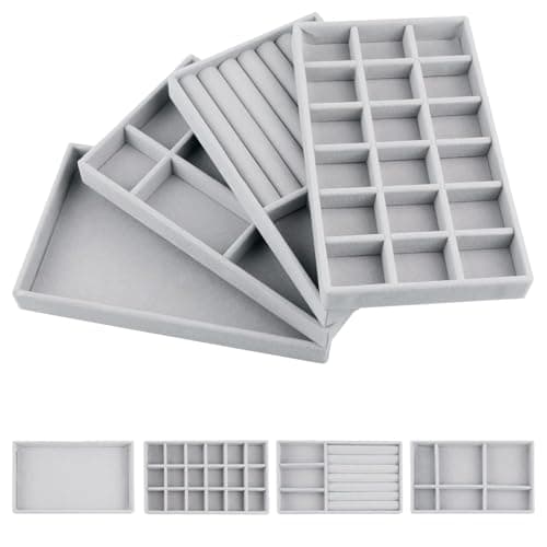 XERMI 4 Jewellery Trays Velvet Jewellery Organiser Drawer Removable Jewellery Storage Stackable Drawer Insert for Women Girls Ring Display Organiser Jewellery Box Jewellery Box (Grey)