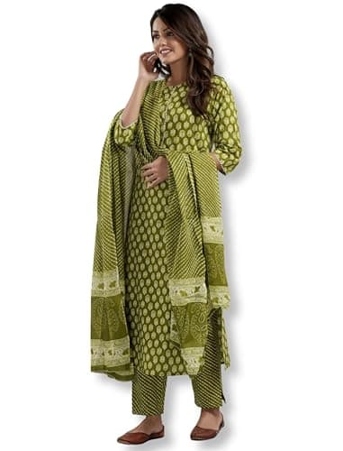 ROBOLOX Women's Straight Fit Printed Jaipuri Cotton Kurta with Pants and Dupatta Salwar Suit for Daily and Work use-L Green