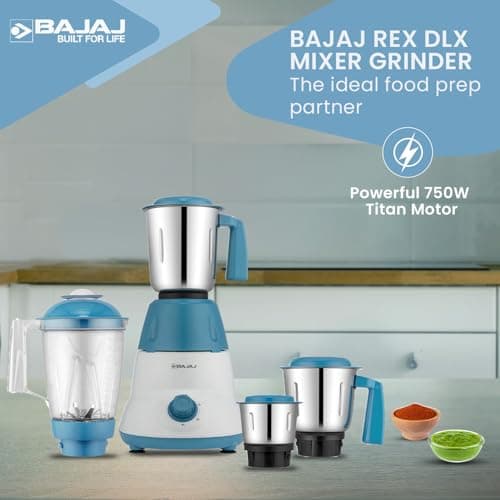 Bajaj Rex Dlx Mixer Grinder 750 Watts Mixie For Kitchen With Nutri-Pro Feature | 4 Stainless Steel Mixer Jars | Multifunctional Blade Dry & Wet Grinding Overload Protector | 1 Yr Warranty 【White/Blue】 2