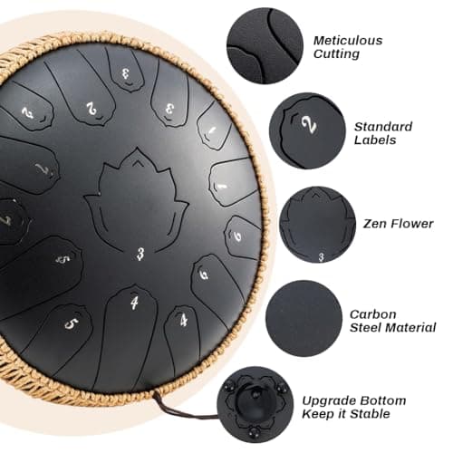 HASTHIP® Steel Tongue Drum 15 Note, 13-inch Percussion Instrument Handpan Drum with Bag, Music Book and Mallets for Kids and Adults Meditation Musical Education Concert Mind Healing Yoga-Black 4