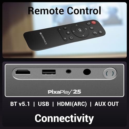 ZEBRONICS PIXAPLAY 25, Smart Projector, 1080p, 7500 Lumens, 200" Screen Size, Quad Core, Auto [ Focus | Keystone | Obstacle Detection | Screenfit ], Bluetooth, WiFi, HDMI-ARC, APP Support, Miracast 6