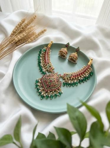 TEMU INDIA Women’s Gold-Plated Kundan Choker Necklace Set – Red & Green Bridal Wedding Jewellery with Green Beads & Jhumka Earrings 4