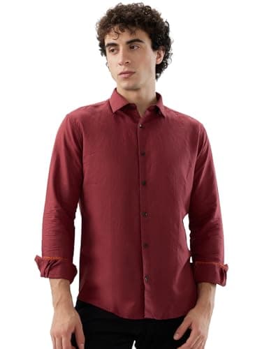 Park Avenue Men Slim Fit Solid Pattern Linen Cotton Blend Semi Cutaway Collar Full Sleeve Casual Shirt Red