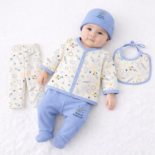 Kidbee Baby Clothing Gift Set for Boys & Girls, 5 Piece Newborn Clothing Combo with Front Open Top, Pajama, Printed Pant, Cap & Bib, Soft Cotton, 0–6 Months Baby (LstBlue-CMB-501)