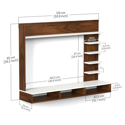 BLUEWUD Primax Grande Standard Engineering Wood Wall Mount TV Entertainment Unit Set Top Box Stand/TV Cabinet Panel with Shelves for Books & Décor Display Unit, Ideal for 42" (Brown Maple & White) 2