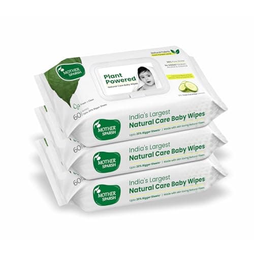 Mother Sparsh Natural Care Water Baby Wipes with Lid | 100% Plant Made Fabric From Forest Land | Fresh+Cleanse (with Cucumber) Plant Powered Wet Wipes For Baby I Cotton Cloth Like Bigger Sheets | 60 P