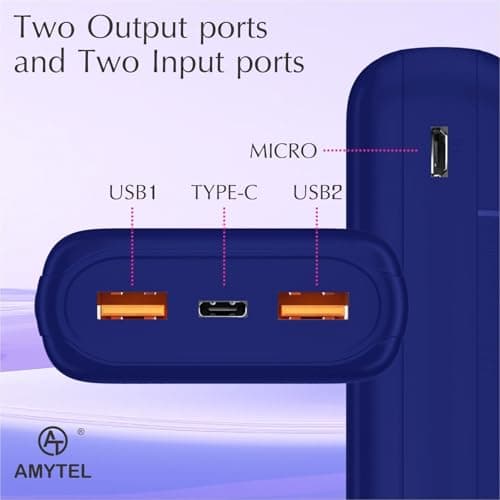 AMYTEL Q7 30000mAh Power Bank with Dual USB Output, Fast Charging, Type-C & Micro Input, Portable Charger for Mobile, Tablet, Earbuds – Blue 4