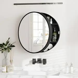 iSTAR Round Wall Mirror with Storage Shelf | Bathroom Vanity Mirror with Hidden Storage Cabinet | Wall Mounted Decorative Mirror for Bathroom, Bedroom, Living Room (Black)