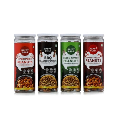 Happy Guilt Flavored Roasted Peanuts Combo Pack (Peri Peri, BBQ, Onion Pepper, Spanish Tomato) | Zero Oil Roasted Snack | High Protein Crunchy Peanuts | Crunchy Snack | Guilt Free Snack | Evening Snac