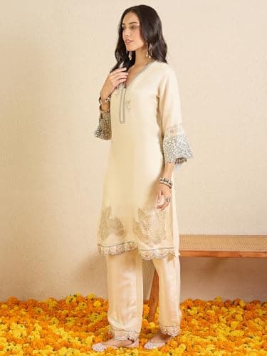 INDO ERA Women's Silk Blend Ethnic Motifs Embroidered Straight Knee Length Kurta & Palazzo Set (Cream_IESTR113_XX-Large) 4