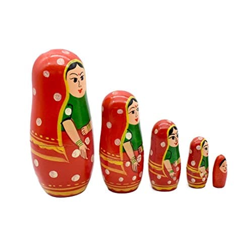 Funwood Games Multicolor Wooden Indian Lady in a Saree Traditional Nesting Doll Set for Girls (5 Dolls) 2