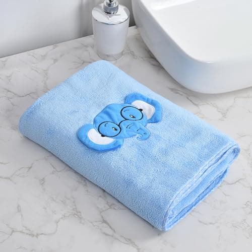 UrbanLeaf Premium Microfiber Kids Bath Towels Quick Drying Towels for Unisex Kids Cartoon Print Baby Towel for Boys and Girls (Pack of 1, Blue)250TC