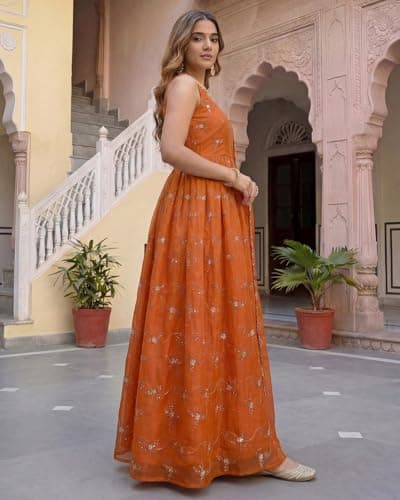 Women's Rust Orange Organza Anarkali Kurta Set with Dupatta – Embroidered Flared Long Dress Gown with Strappy Back and Sheer Scarf for Weddings, Festivals, and Ethnic Wear (XL) 5
