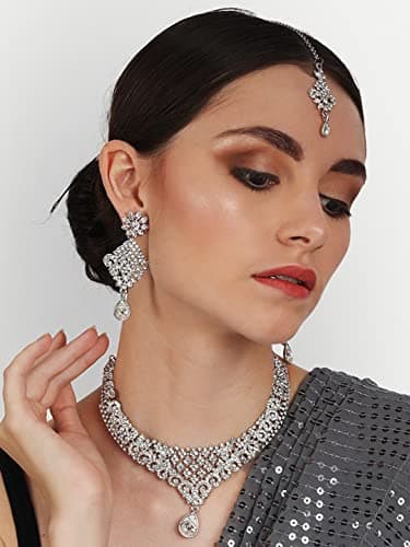 Atasi International Gold Plated Necklace with Earrings and Maang Tikka for Women - Jewellery Set for Party, Wedding, Engagement (Silver) (R1960) 2