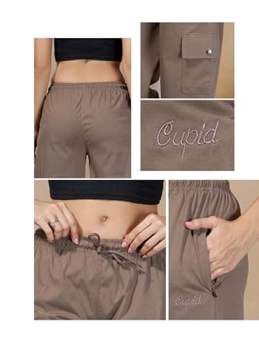 CUPID Women Smart Slim Fit Cargo Pants with High Waist, Zipper Pockets, Easy Wash Straight Fit Casual Wear_Mocha_L 2