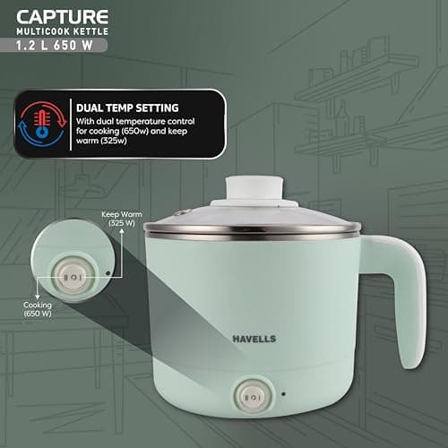 Havells Capture 1.2 L Multi-Cook Electric Kettle with Steamer | 650W |304 Stainless Steel Inner Body|Cooks Noodles, Rice, Milk | Cool-Touch Body | 2 Years Door Step Warranty by Havells (Green) 2