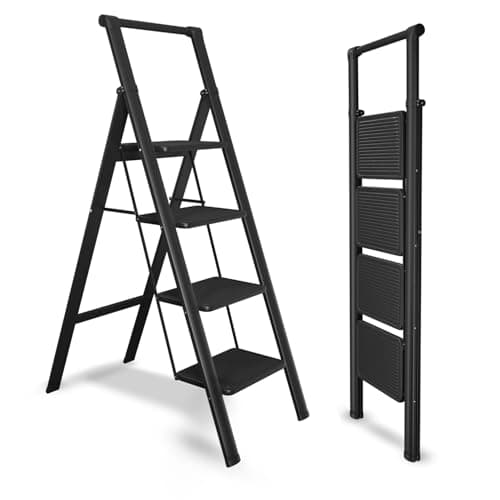 Lifelong 4 Steps Steel Ladder with Handle for Home, Foldable & Portable Stairs, Versatile Use for Kitchen, Bathroom & Office Foot Stool - Multipurpose Step Stool with 150 Kg Capacity (LLSLH04, Black)