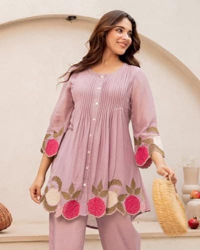 DEKWIN Womens Co-ords Set Premium Mul chanderi | Co-ord Set for Women Stylish | Casual Top with pent Set (Women, Pink, XL) 5