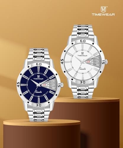 TIMEWEAR Formal Day Date Watch Collection Stainless Steel Analog Men's Watch (Blue Dial Silver Colored Strap) 5