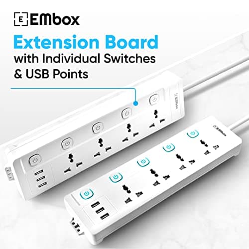 EMBOX Extension Board with USB (2.4 A)| Extension Board with Switches Spike Guard | 6 amp Universal Sockets, LED Indicator 2500W, 2 Meter Extension Cord 2