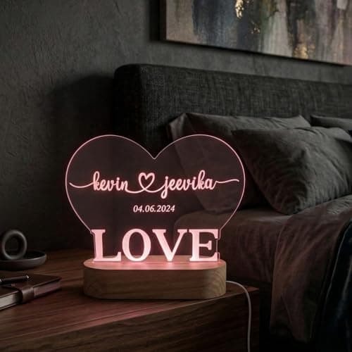 SHAYONA Personalised 3D Illusion LED Night Light lamp with Heart Design,customzied Love Couple Gift for Anniversary Girlfriend, Wedding Valentine Day Gift for Home Décor-22cm 2