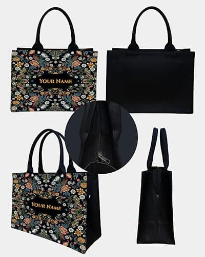 Royal Charm Voguish Customized Tote Bag | HD Printed Floral Black Tote | Personalized Name Tote | Large 16x11x5 Inch Shoulder Bag | Gift for Women 3