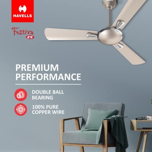 Havells 1200mm Festiva ES Ceiling Fan| Premium Finish| Energy Saving| Designer Fan for Home Decor| Elegant Looks| 230 m³/min Air Delivery| Hi-Speed Low Noise| 100% Copper Motor (Pack of 1, Gold Mist) 5