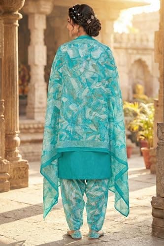 Rajnandini Turquoise Cotton Blend Printed Ready to Wear Patiala Salwar Suit (Readymade_3XL_JOPLVSRW5223-3XL) 2