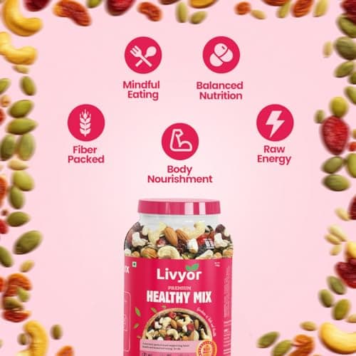LIVYOR Healthy Mix Nuts, Seeds And Berries Combo Pack - 1Kg| Mix Dry Fruits| Trail Mix| Cashews & Almonds| Black Raisins| Pumpkin| Sunflower & Flax| Cranberries| Cherries & Dried Amla| (Pack Of 1) 5