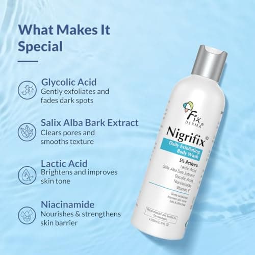 Fixderma Nigrifix Exfoliating Body Wash with 5% Actives (Lactic Acid, Glycolic Acid, Niacinamide Acid & Vitamin E) | Gentle Exfoliating Shower Gel for Body Wash | Improves Skin Tone - 200ml(Pack of 2) 5