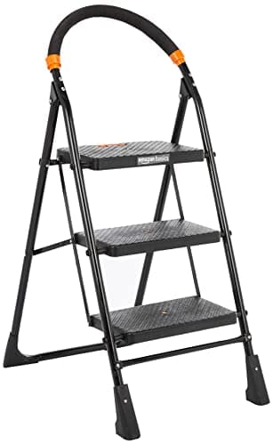 Amazon Basics Clamber-Foldable Step Ladder, Safety-Clutch Lock, Ribbed Steps, Knee Guard, Non-Marring PVC Shoes, 3 Steps (Steel, Black&Orange, Iron&Plastic)