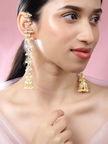 Rubans 18K Gold-Plated White Kundan & Glossy Pearl Beaded Long Jhumka Earring Extension for Women – Ideal for Bridal & Festive Styling 2