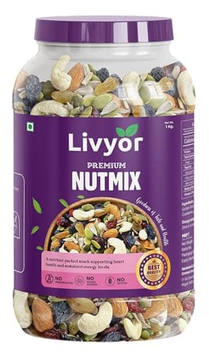Livyor Premium Nutmix for eating - 1kg | Mix Nuts, Seeds and Berries Combo Pack | Mix Dry Fruits | Trail Mix | Cashews | Almonds | Black Raisins | Golden Raisins | Pumpkin seed | Sunflower seeds | Cra