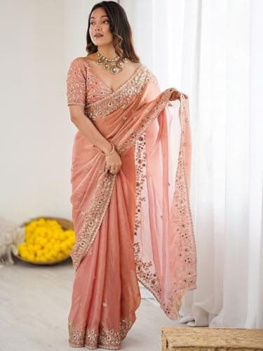 Maa enterprise Designer Traditional Embroidered Saree with Matching Blouse Piece, Festive Ethnic Draping Outfit for Women (Peach) 2